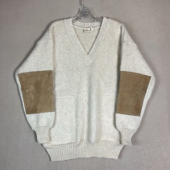 Samband Iceland Sweater Mens Medium White Vintage Wool Knit V Neck Pullover - Picture 1 of 12